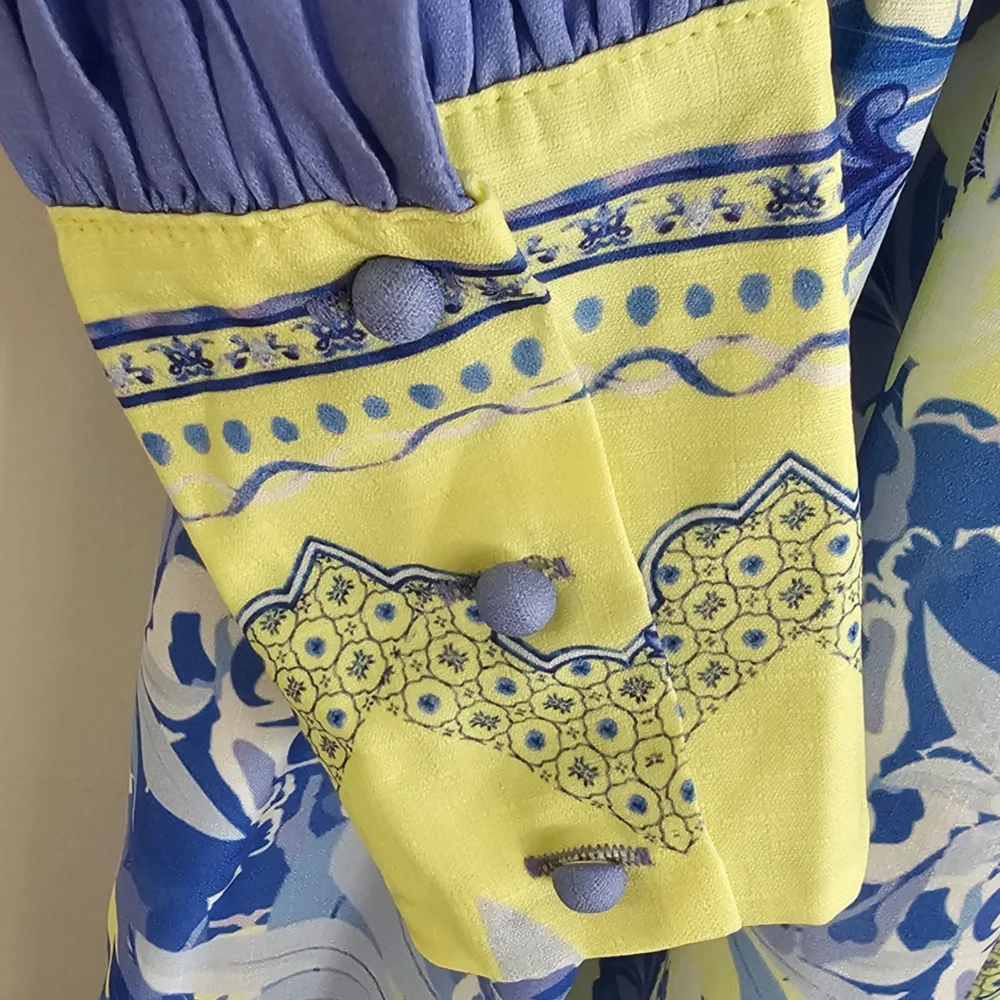 White Sandstorm Kalliope Floral Blue & Yellow Long Puffed Sleeve Maxi Dress - Picture 10 of 14